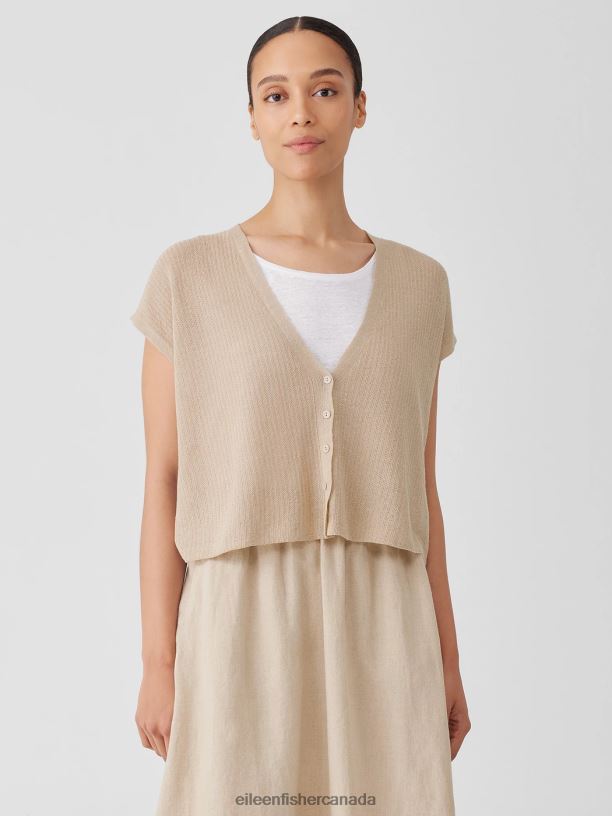 EILEEN FISHER Organic Linen Cotton Short-Sleeve Cardigan Boxy Fit Short Length Women NATURAL Clothing 024FN376
