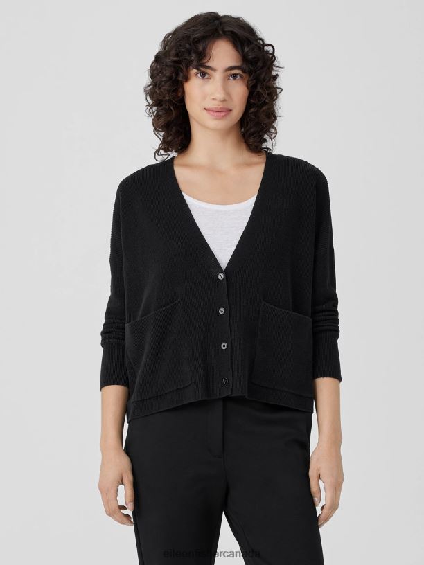 EILEEN FISHER Organic Linen Cotton V-Neck Cardigan Boxy Fit Basic Length Women BLACK Clothing 024FN399