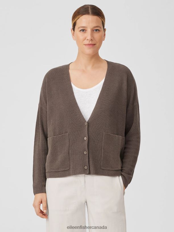EILEEN FISHER Organic Linen Cotton V-Neck Cardigan Boxy Fit Basic Length Women COBBLESTONE Clothing 024FN401
