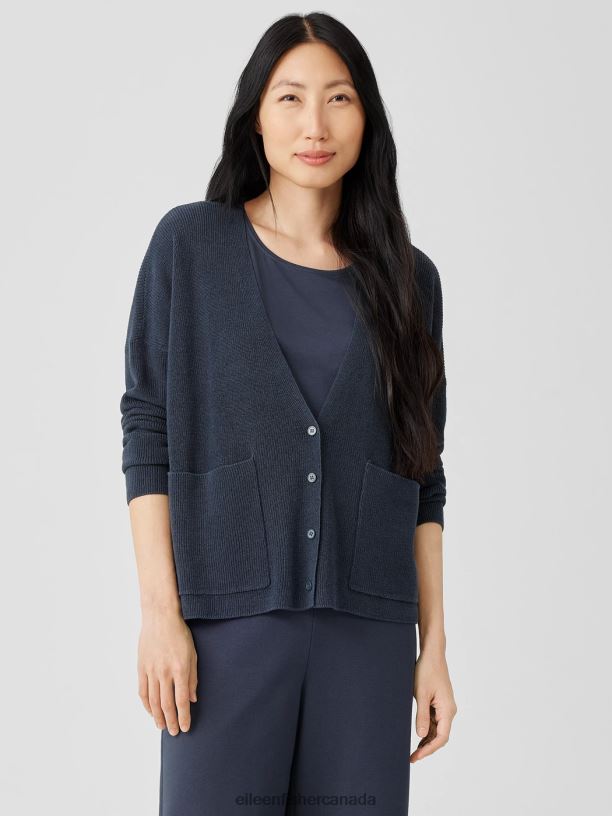 EILEEN FISHER Organic Linen Cotton V-Neck Cardigan Boxy Fit Basic Length Women OCEAN Clothing 024FN403