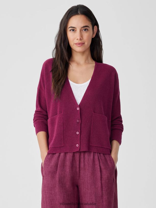 EILEEN FISHER Organic Linen Cotton V-Neck Cardigan Boxy Fit Basic Length Women RASPBERRY Clothing 024FN402
