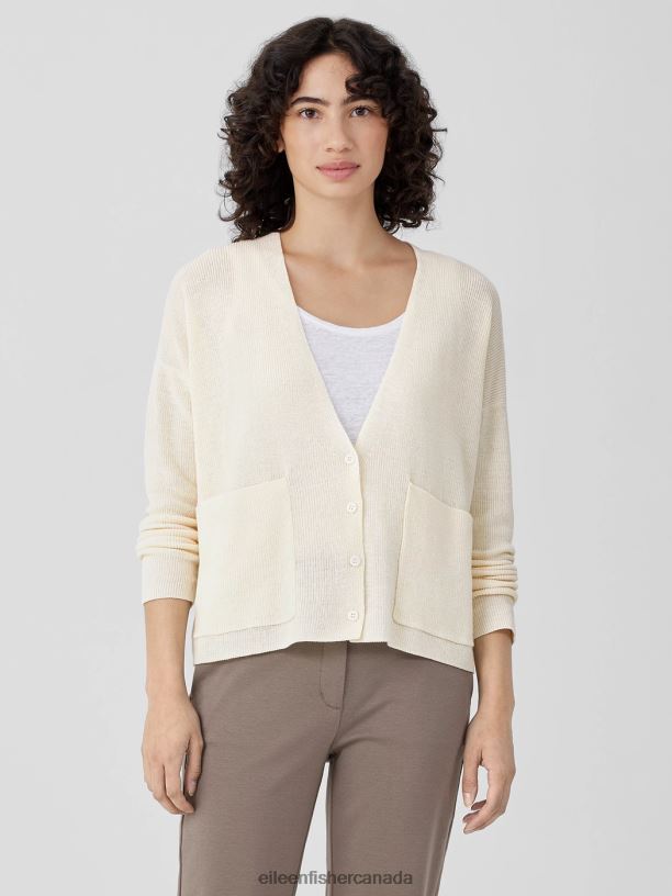 EILEEN FISHER Organic Linen Cotton V-Neck Cardigan Boxy Fit Basic Length Women SOFTWHITE Clothing 024FN400
