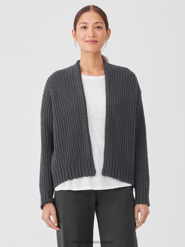 EILEEN FISHER Peruvian Organic Cotton Crimp Cardigan Boxy Fit Short Length Women GRAPHITE Clothing 024FN432