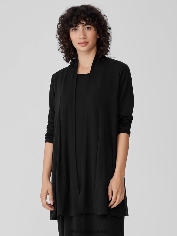 EILEEN FISHER Stretch Jersey Knit Long Cardigan Easy Fit Thigh Length Women BLACK Clothing 024FN521