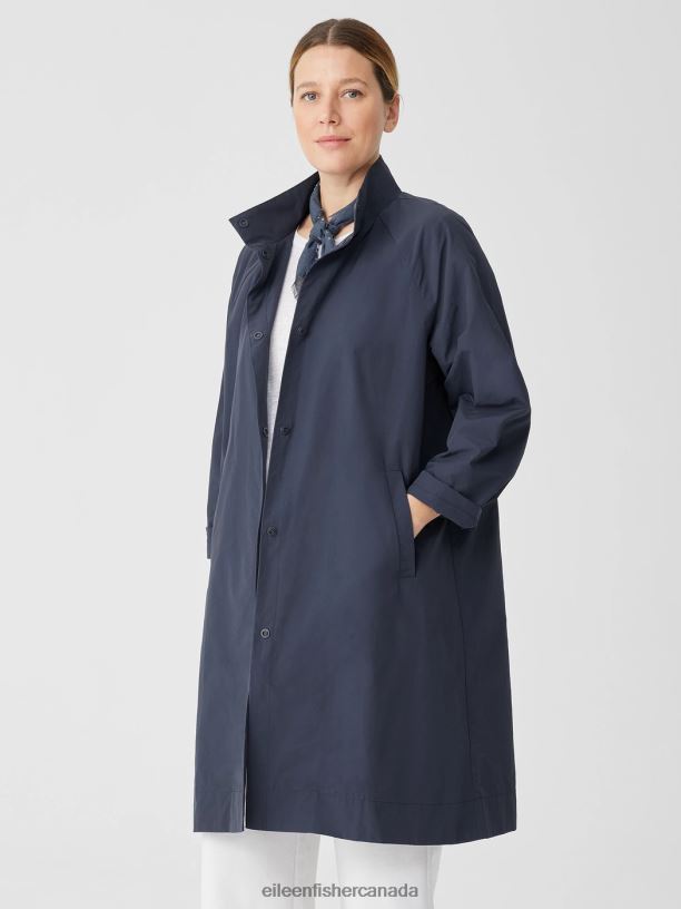 EILEEN FISHER Light Cotton Nylon Stand Collar Coat Easy Fit Knee Length Women BLACK Clothing 024FN508