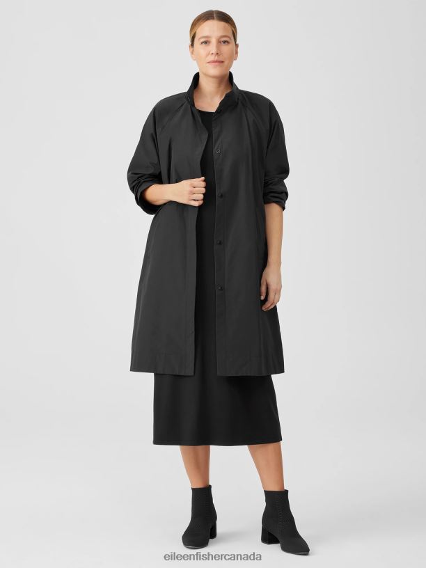 EILEEN FISHER Light Cotton Nylon Stand Collar Coat Easy Fit Knee Length Women BLACK Clothing 024FN509