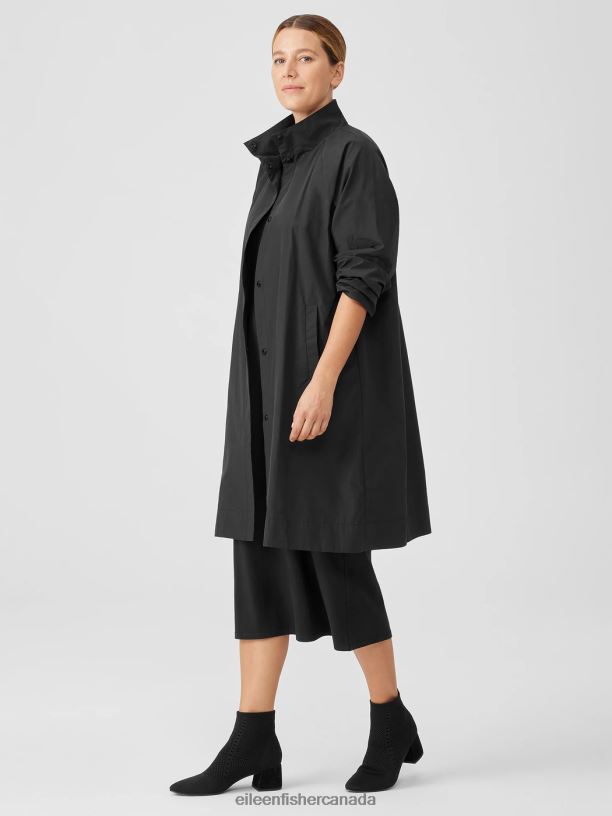 EILEEN FISHER Light Cotton Nylon Stand Collar Coat Easy Fit Knee Length Women BLACK Clothing 024FN509