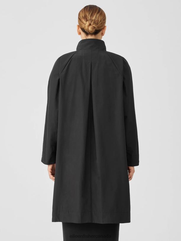 EILEEN FISHER Light Cotton Nylon Stand Collar Coat Easy Fit Knee Length Women BLACK Clothing 024FN509