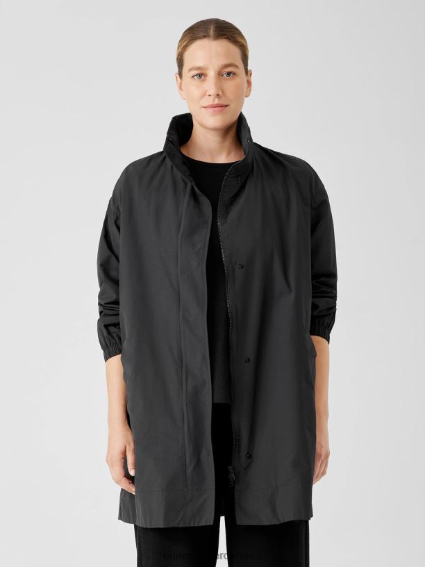 EILEEN FISHER Light Cotton Nylon Stand Collar Long Coat Boxy Fit Thigh Length Women BLACK Clothing 024FN532