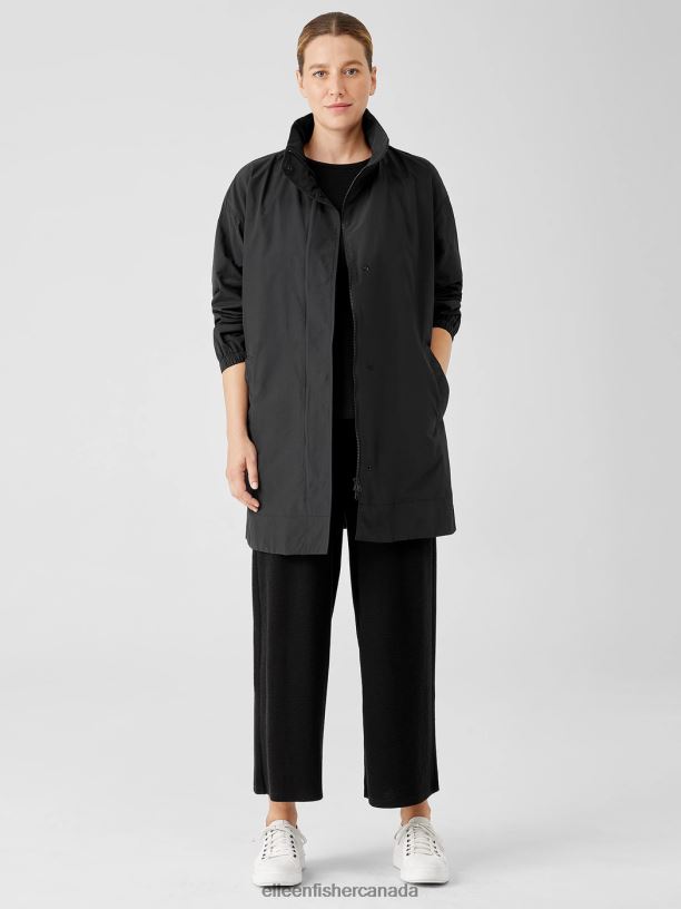 EILEEN FISHER Light Cotton Nylon Stand Collar Long Coat Boxy Fit Thigh Length Women BLACK Clothing 024FN532