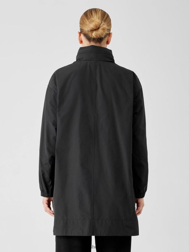 EILEEN FISHER Light Cotton Nylon Stand Collar Long Coat Boxy Fit Thigh Length Women BLACK Clothing 024FN532