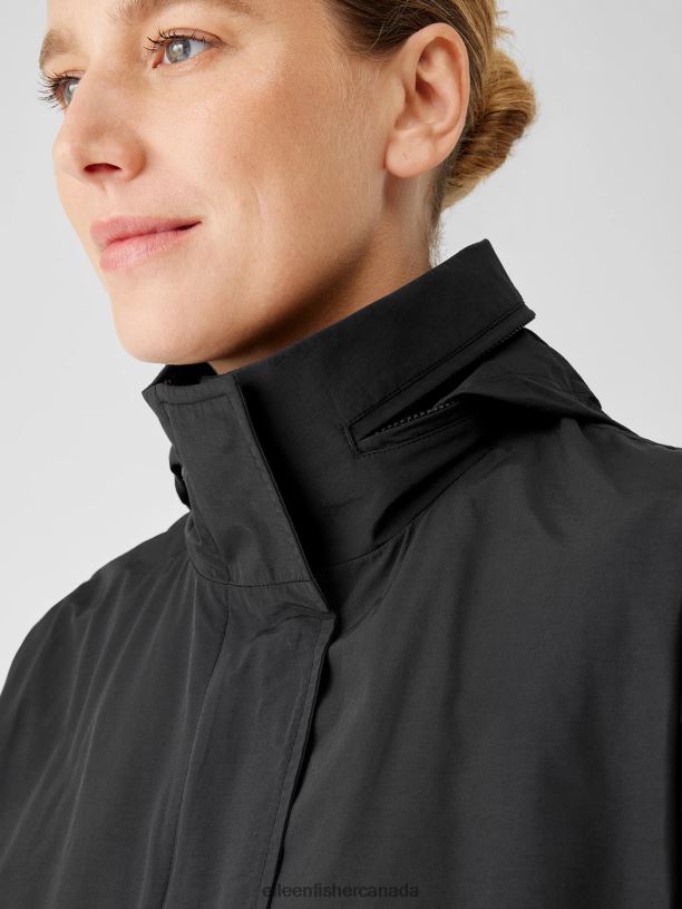 EILEEN FISHER Light Cotton Nylon Stand Collar Long Coat Boxy Fit Thigh Length Women BLACK Clothing 024FN532