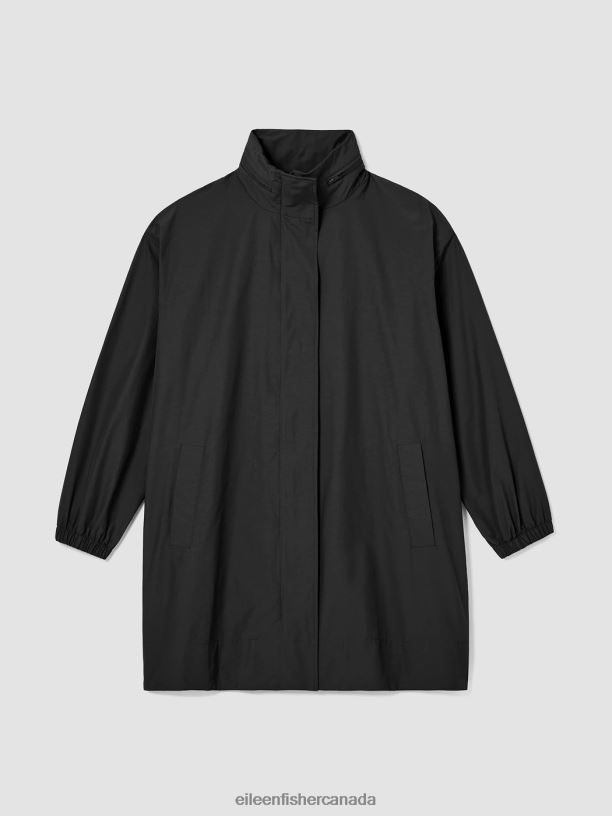 EILEEN FISHER Light Cotton Nylon Stand Collar Long Coat Boxy Fit Thigh Length Women BLACK Clothing 024FN532