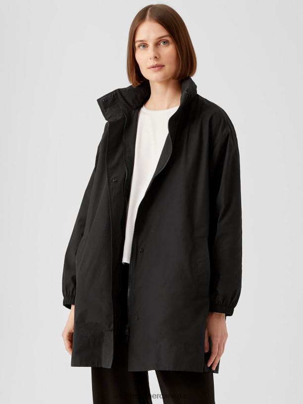 EILEEN FISHER Light Cotton Nylon Stand Collar Long Coat Boxy Fit Thigh Length Women BLACK Clothing 024FN545