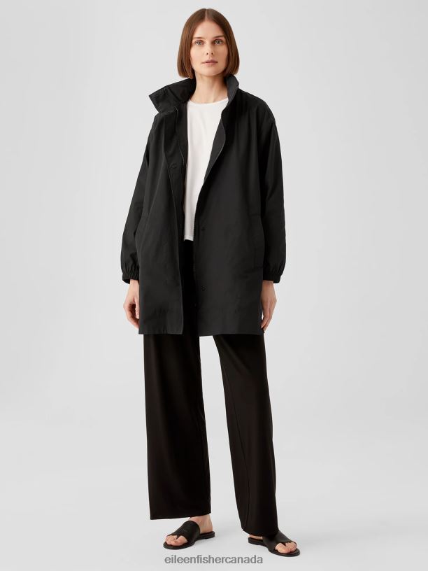 EILEEN FISHER Light Cotton Nylon Stand Collar Long Coat Boxy Fit Thigh Length Women BLACK Clothing 024FN545