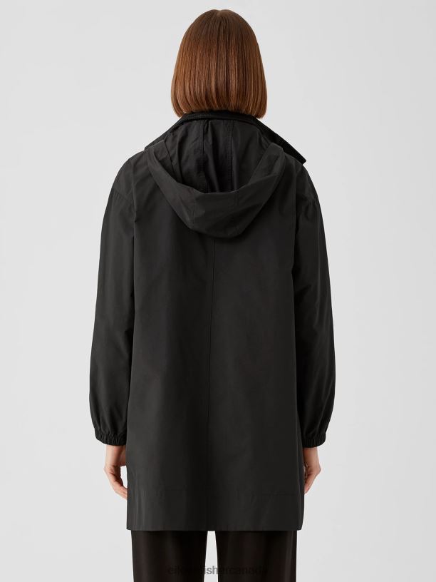 EILEEN FISHER Light Cotton Nylon Stand Collar Long Coat Boxy Fit Thigh Length Women BLACK Clothing 024FN545