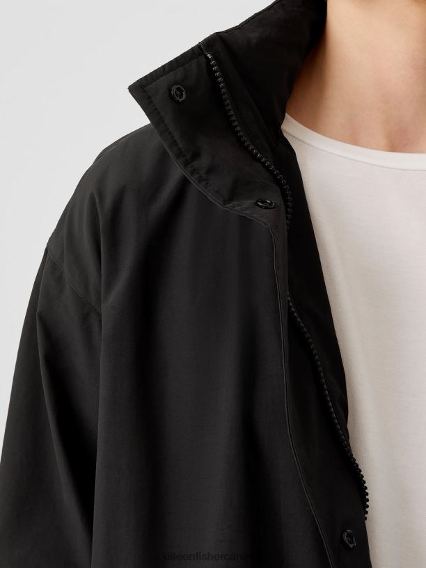 EILEEN FISHER Light Cotton Nylon Stand Collar Long Coat Boxy Fit Thigh Length Women BLACK Clothing 024FN545