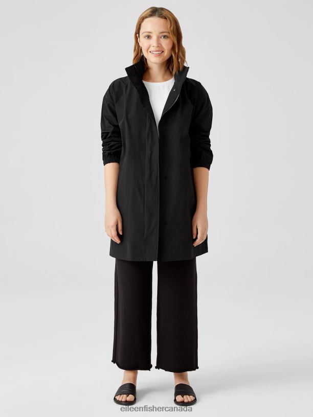 EILEEN FISHER Light Cotton Nylon Stand Collar Long Coat Boxy Fit Thigh Length Women BLACK Clothing 024FN545