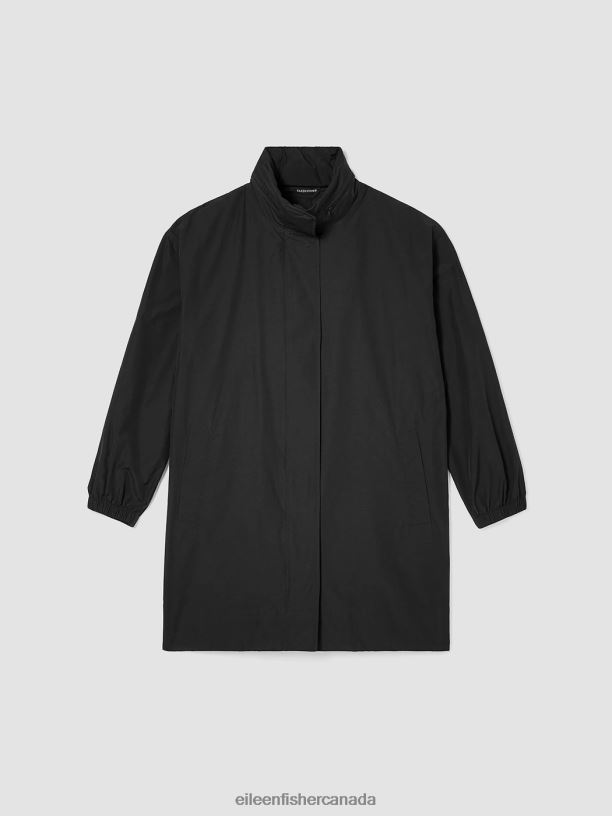 EILEEN FISHER Light Cotton Nylon Stand Collar Long Coat Boxy Fit Thigh Length Women BLACK Clothing 024FN545