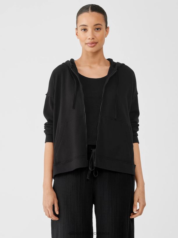 EILEEN FISHER Lightweight Organic Cotton Terry Hooded Top Boxy Fit Basic Length Women BLACK Clothing 024FN516