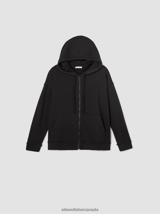 EILEEN FISHER Lightweight Organic Cotton Terry Hooded Top Boxy Fit Basic Length Women BLACK Clothing 024FN536