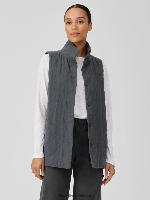 EILEEN FISHER Organic Linen Cotton Crepe QuiltedVest Easy Fit Long Length Women GRAPHITE Clothing 024FN527