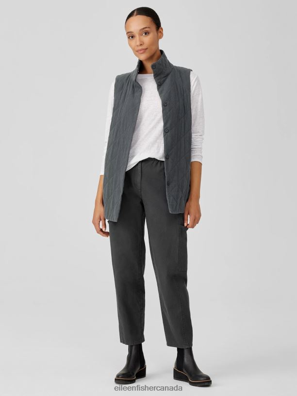 EILEEN FISHER Organic Linen Cotton Crepe QuiltedVest Easy Fit Long Length Women GRAPHITE Clothing 024FN527