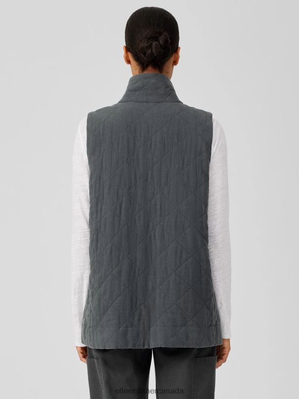 EILEEN FISHER Organic Linen Cotton Crepe QuiltedVest Easy Fit Long Length Women GRAPHITE Clothing 024FN527