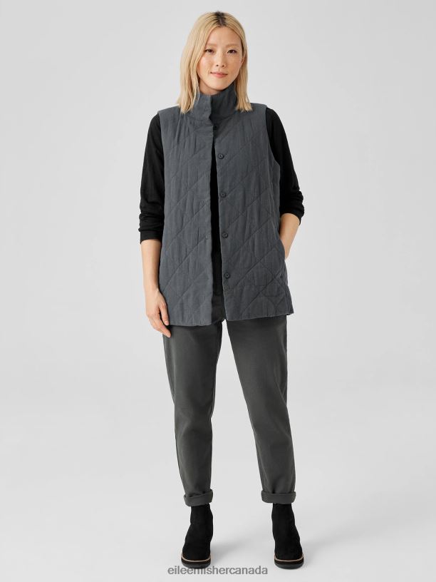 EILEEN FISHER Organic Linen Cotton Crepe QuiltedVest Easy Fit Long Length Women GRAPHITE Clothing 024FN527