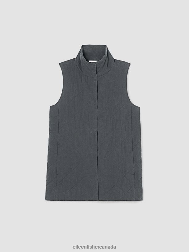 EILEEN FISHER Organic Linen Cotton Crepe QuiltedVest Easy Fit Long Length Women GRAPHITE Clothing 024FN527