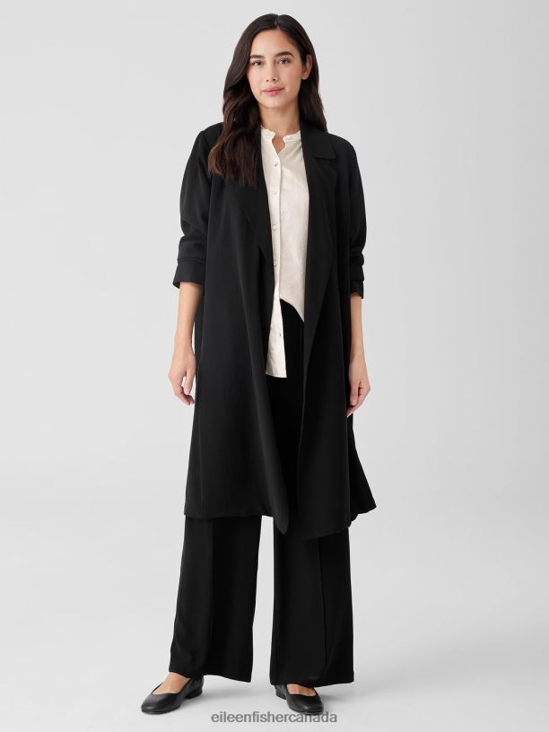 EILEEN FISHER Silk Georgette Crepe Trench Coat Easy Fit Calf Length Women BLACK Clothing 024FN494