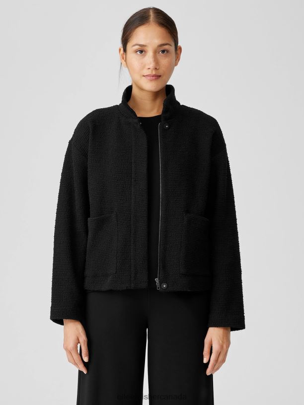 EILEEN FISHER Cotton Boucle Knit Stand Collar Jacket Boxy Fit Basic Length Women BLACK Clothing 024FN530