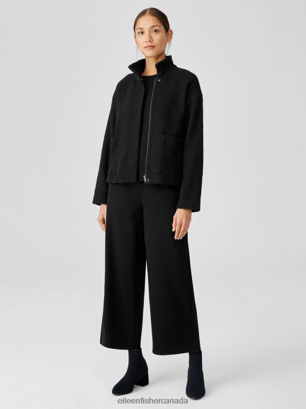 EILEEN FISHER Cotton Boucle Knit Stand Collar Jacket Boxy Fit Basic Length Women BLACK Clothing 024FN530