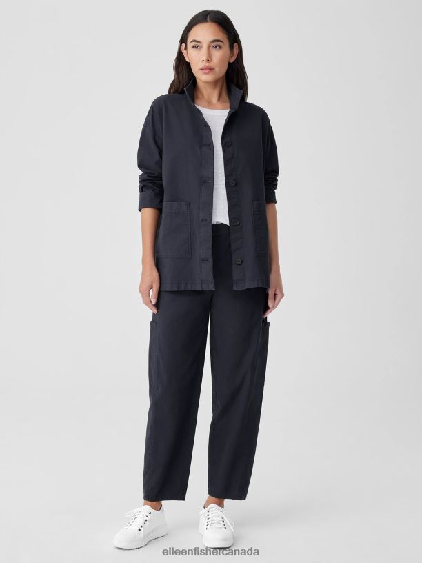 EILEEN FISHER Cotton Hemp StretchStand Collar Jacket Boxy Fit Long Length Women BLACK Clothing 024FN503