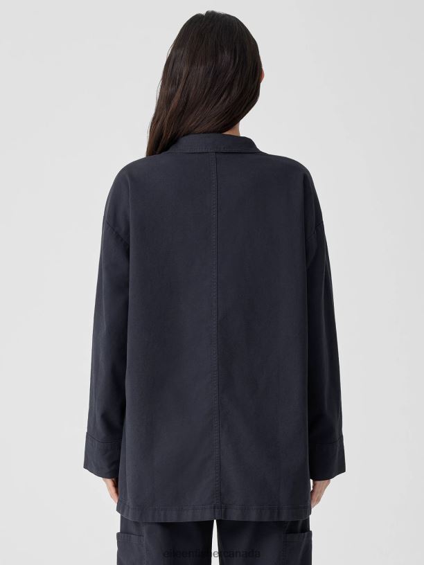 EILEEN FISHER Cotton Hemp StretchStand Collar Jacket Boxy Fit Long Length Women BLACK Clothing 024FN503
