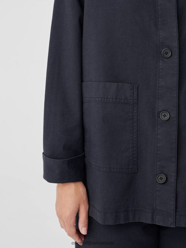 EILEEN FISHER Cotton Hemp StretchStand Collar Jacket Boxy Fit Long Length Women BLACK Clothing 024FN503