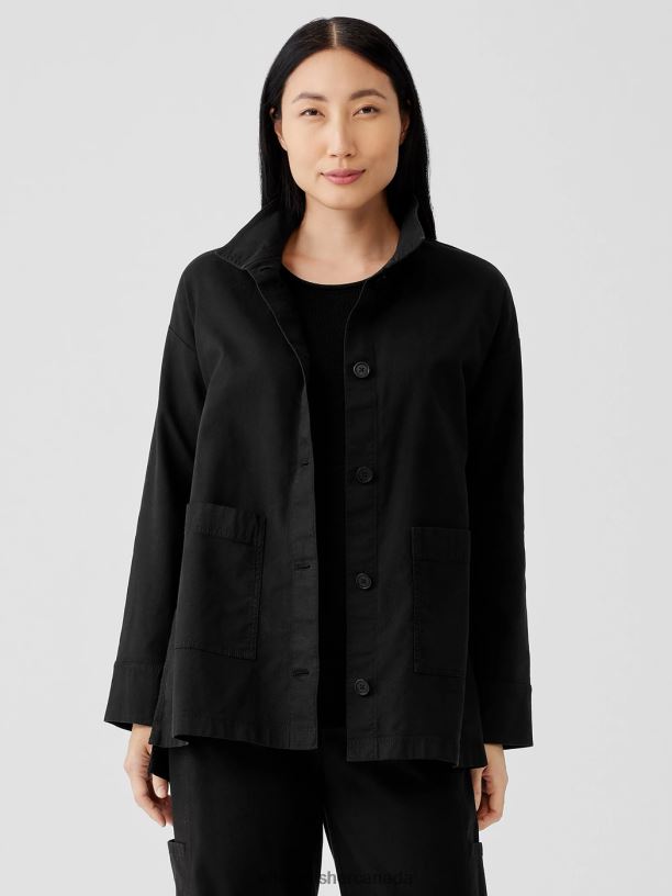 EILEEN FISHER Cotton Hemp StretchStand Collar Jacket Boxy Fit Long Length Women BLACK Clothing 024FN504