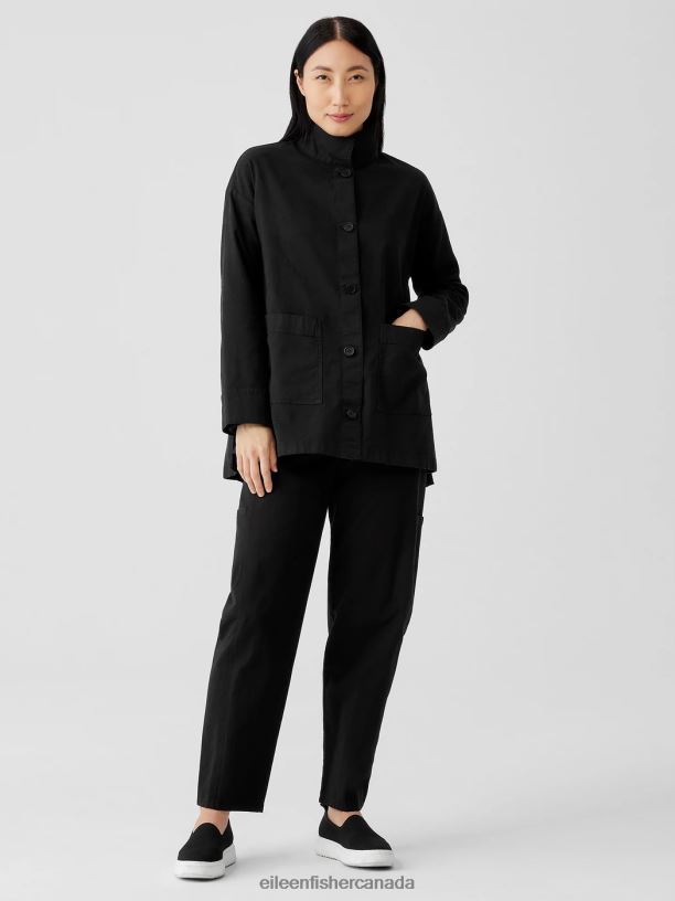 EILEEN FISHER Cotton Hemp StretchStand Collar Jacket Boxy Fit Long Length Women BLACK Clothing 024FN504