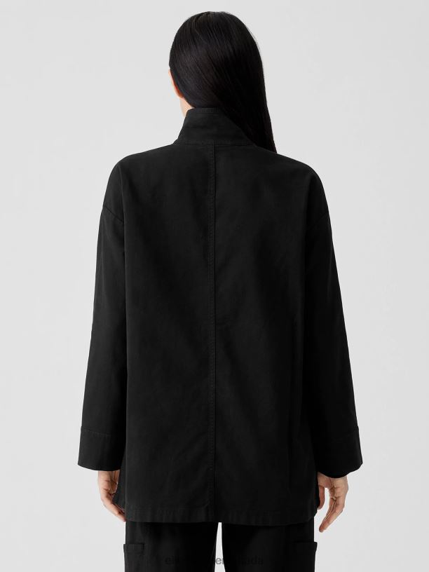 EILEEN FISHER Cotton Hemp StretchStand Collar Jacket Boxy Fit Long Length Women BLACK Clothing 024FN504
