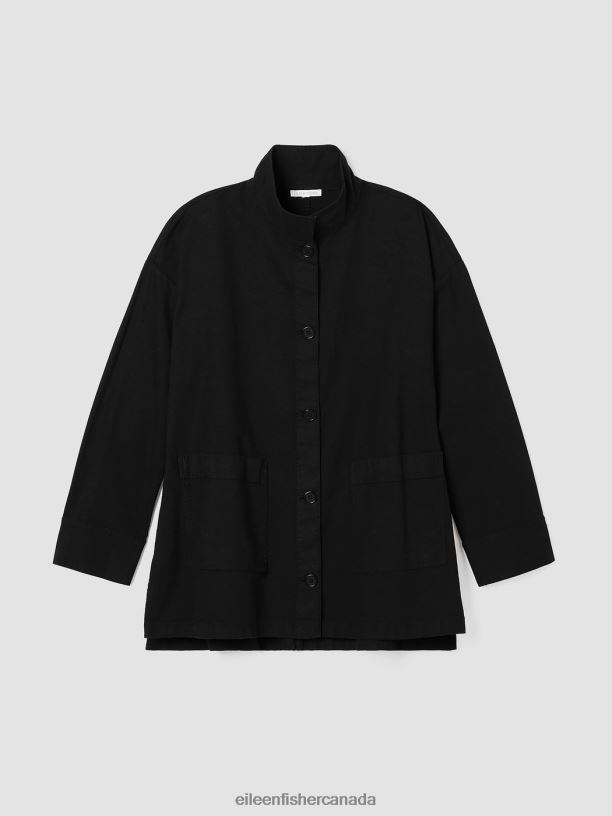 EILEEN FISHER Cotton Hemp StretchStand Collar Jacket Boxy Fit Long Length Women BLACK Clothing 024FN504