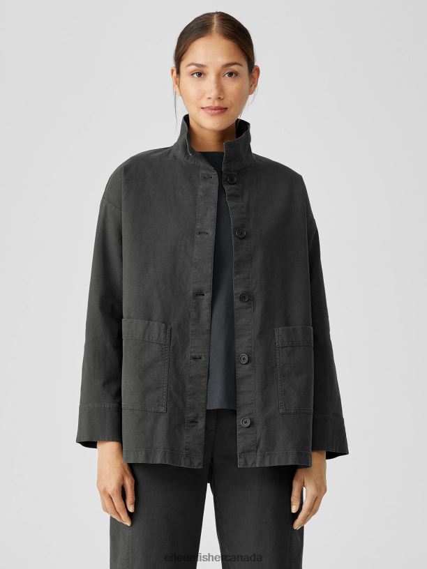 EILEEN FISHER Cotton Hemp StretchStand Collar Jacket Boxy Fit Long Length Women GRAPHITE Clothing 024FN505