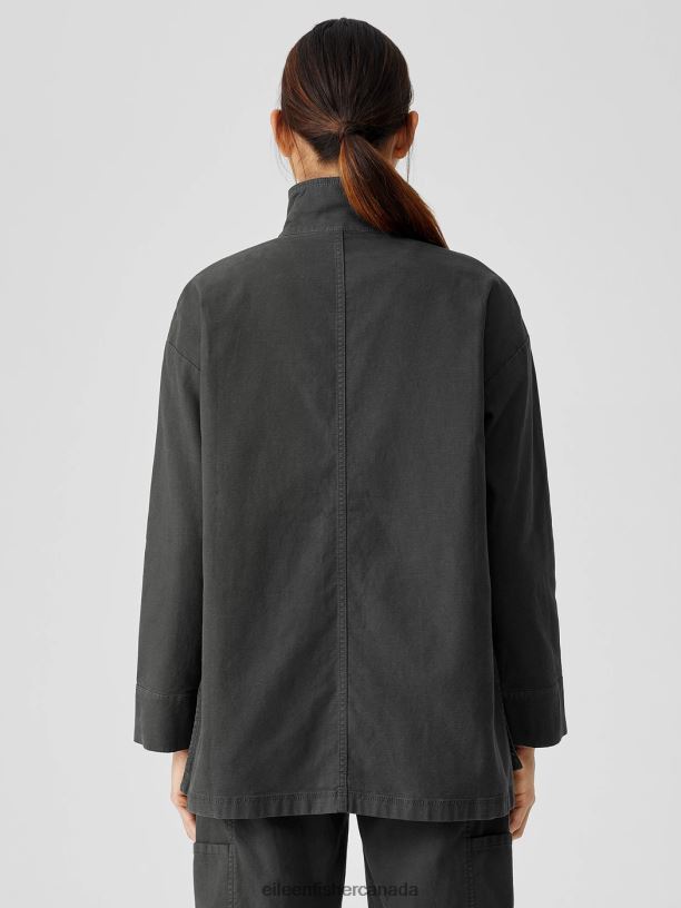 EILEEN FISHER Cotton Hemp StretchStand Collar Jacket Boxy Fit Long Length Women GRAPHITE Clothing 024FN505