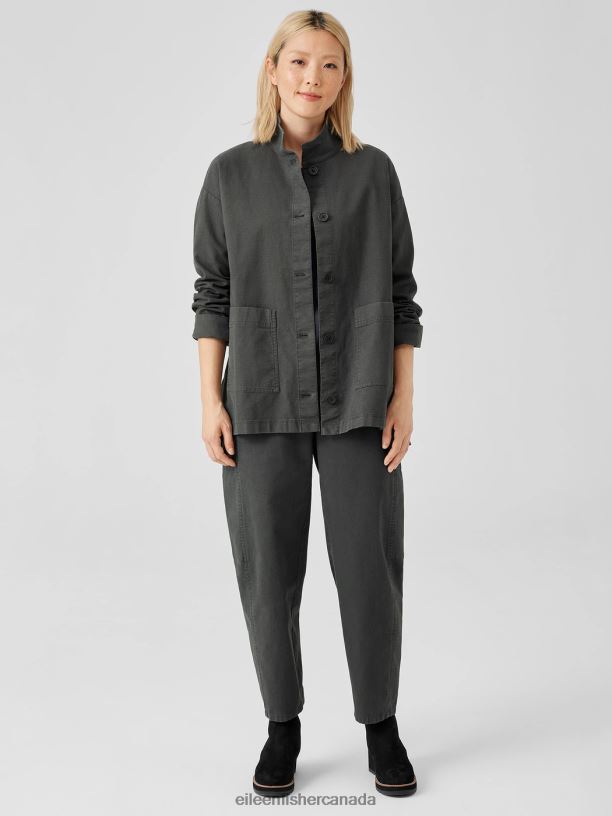 EILEEN FISHER Cotton Hemp StretchStand Collar Jacket Boxy Fit Long Length Women GRAPHITE Clothing 024FN505