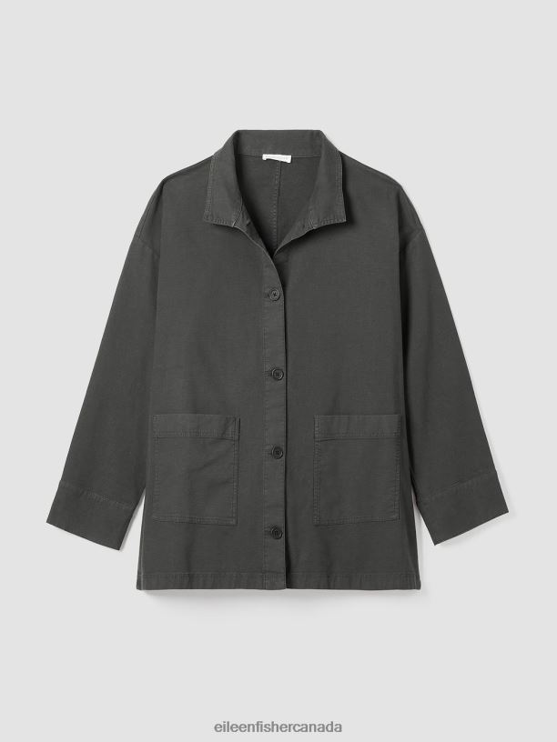 EILEEN FISHER Cotton Hemp StretchStand Collar Jacket Boxy Fit Long Length Women GRAPHITE Clothing 024FN505