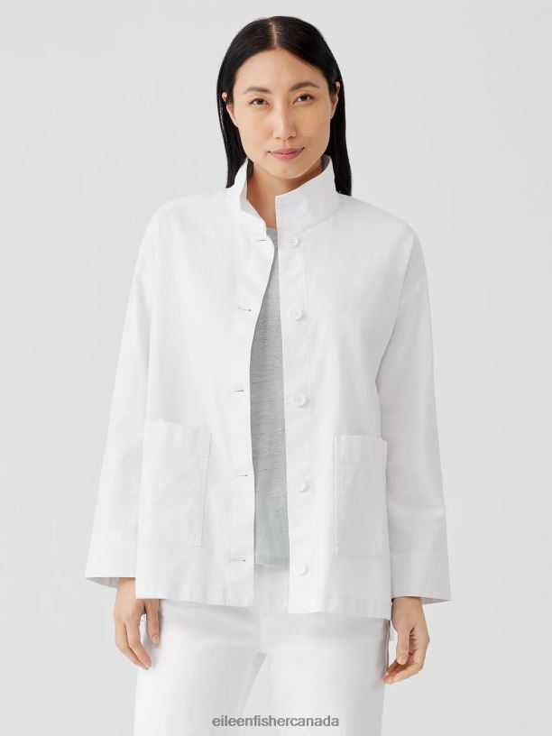 EILEEN FISHER Cotton Hemp StretchStand Collar Jacket Boxy Fit Long Length Women WHITE Clothing 024FN506