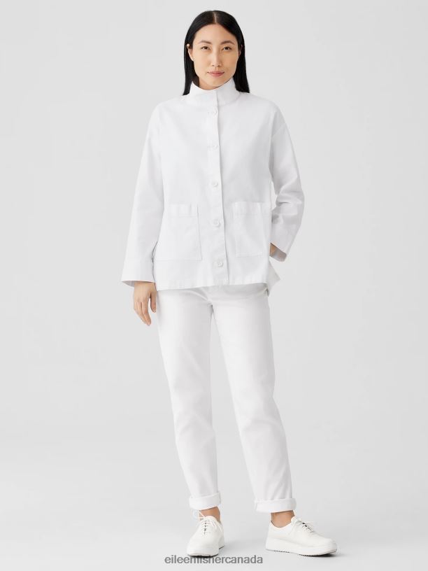 EILEEN FISHER Cotton Hemp StretchStand Collar Jacket Boxy Fit Long Length Women WHITE Clothing 024FN506