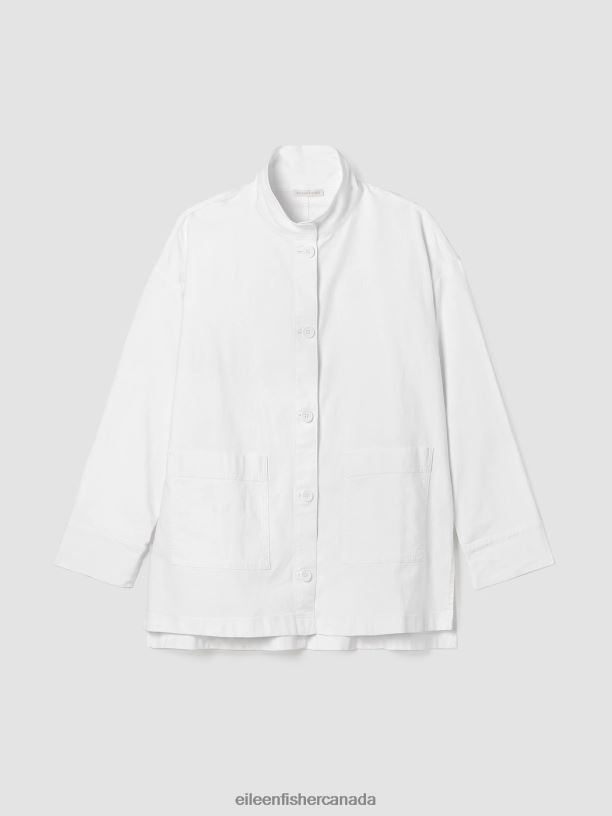 EILEEN FISHER Cotton Hemp StretchStand Collar Jacket Boxy Fit Long Length Women WHITE Clothing 024FN506