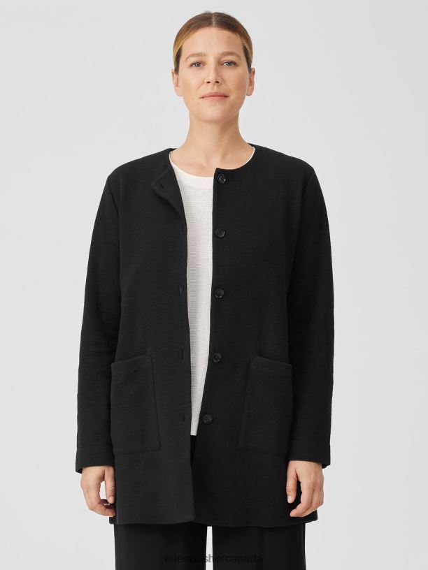 EILEEN FISHER Organic Cotton Crinkled Knit Jacket Easy Fit Thigh Length Women BLACK Clothing 024FN510