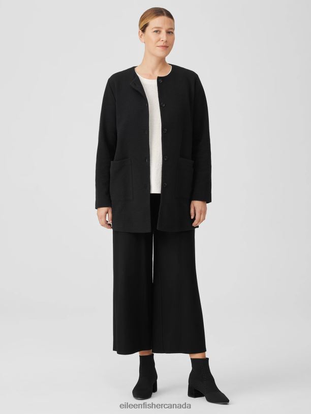 EILEEN FISHER Organic Cotton Crinkled Knit Jacket Easy Fit Thigh Length Women BLACK Clothing 024FN510