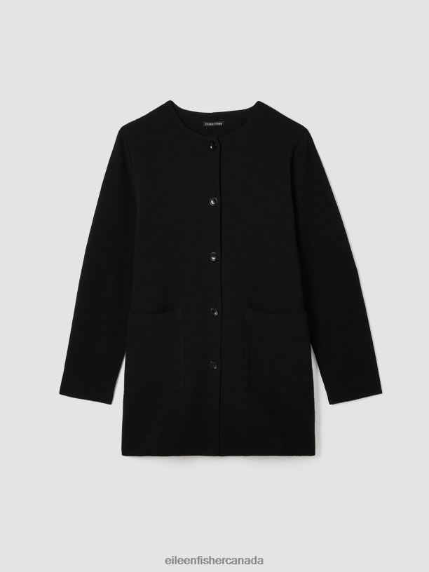 EILEEN FISHER Organic Cotton Crinkled Knit Jacket Easy Fit Thigh Length Women BLACK Clothing 024FN510